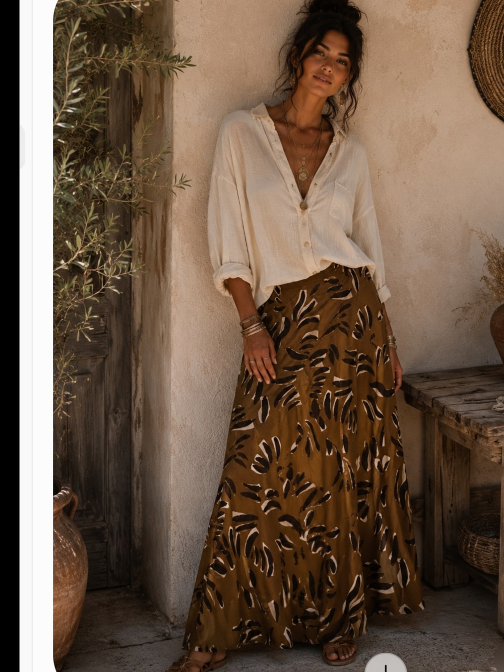 ESQUALO Olive Brown Printed Maxi Skirt, size 8/Eu 38, NWT, 39” long, $65